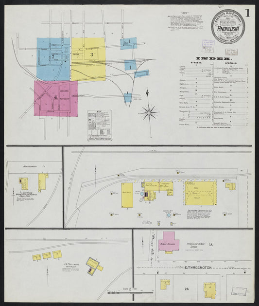 Sanborn Fire Insurance Map from Andalusia, Covington County, Alabama (1905), Sheet #0001 - Historic Sanborn Fire Insurance Map Print, vintage old map wall art, antique decor, genealogy gift, Alabama Alabama map