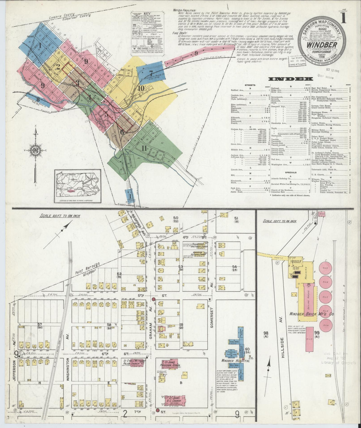 Sanborn Fire Insurance Map from Windber, Somerset County, Pennsylvania (1916), Sheet #0001 - Historic Sanborn Fire Insurance Map Print, vintage old map wall art, antique decor, genealogy gift, Pennsylvania Pennsylvania map