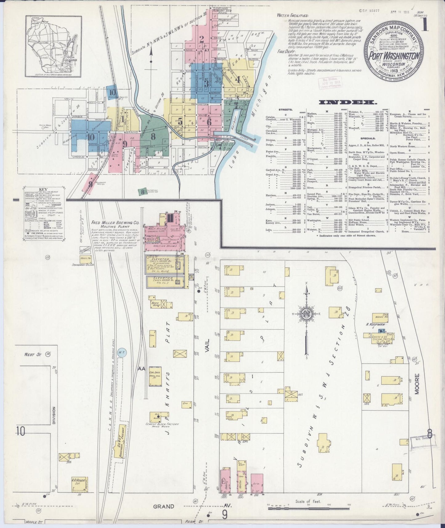 Sanborn Fire Insurance Map from Port Washington, Ozaukee County, Wisconsin (1913), Sheet #0001 - Historic Sanborn Fire Insurance Map Print, vintage old map wall art, antique decor, genealogy gift, Wisconsin Wisconsin map