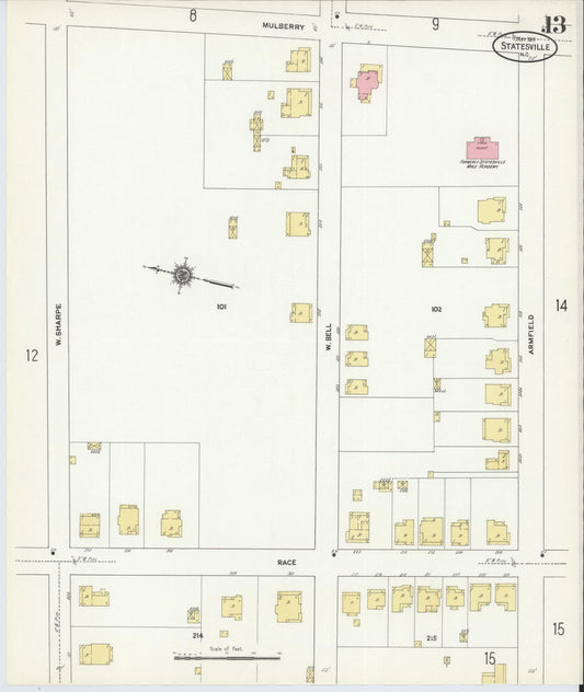 Sanborn Fire Insurance Map from Statesville, Iredell County, North Carolina (1911), Sheet #0013 - Historic Sanborn Fire Insurance Map Print, vintage old map wall art, antique decor, genealogy gift, North Carolina North Carolina map