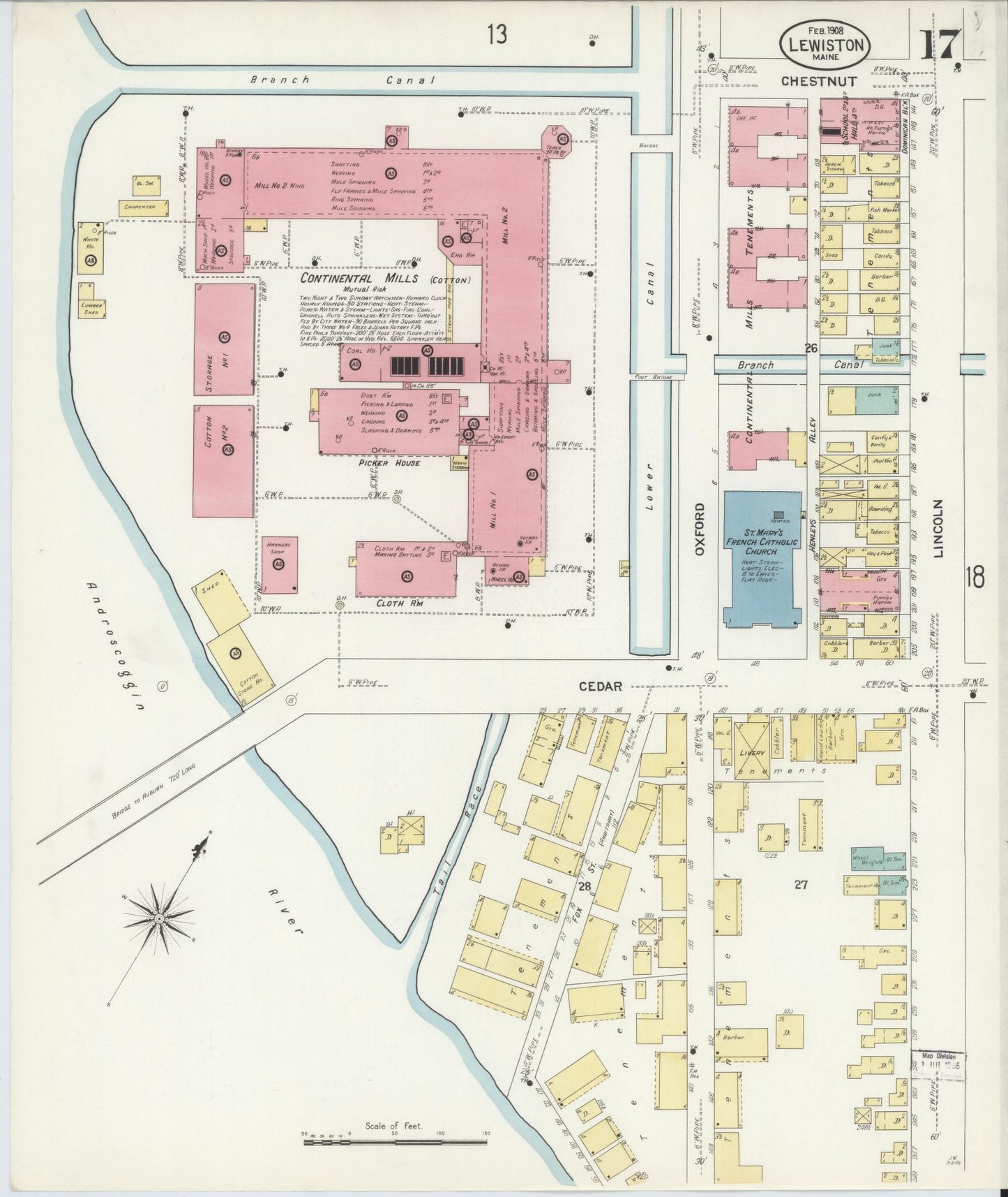 Sanborn Fire Insurance Map from Lewiston, Androscoggin County, Maine (1908), Sheet #0017 - Complete Map Set gallery image, historic Sanborn map, vintage wall art, Maine Maine