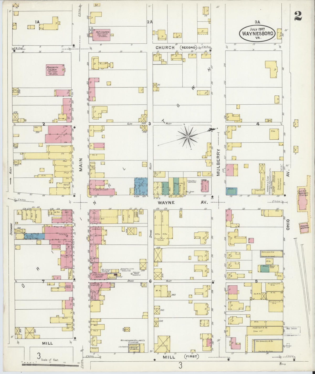 Sanborn Fire Insurance Map from Waynesboro, Independent Cities, Virginia (1907), Sheet #0002 - Historic Sanborn Fire Insurance Map Print, vintage old map wall art, antique decor, genealogy gift, Virginia Virginia map
