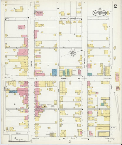 Sanborn Fire Insurance Map from Waynesboro, Independent Cities, Virginia (1907), Sheet #0002 - Historic Sanborn Fire Insurance Map Print, vintage old map wall art, antique decor, genealogy gift, Virginia Virginia map