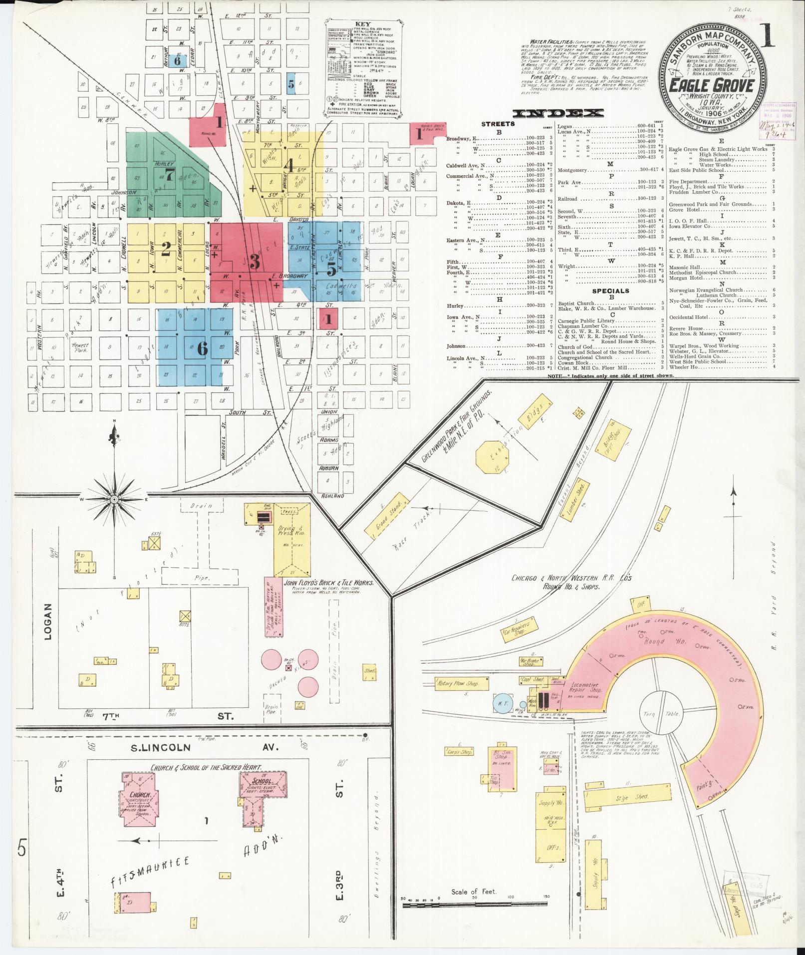 Sanborn Fire Insurance Map from Eagle Grove, Wright County, Iowa (1906), Sheet #0001 - Historic Sanborn Fire Insurance Map Print, vintage old map wall art
