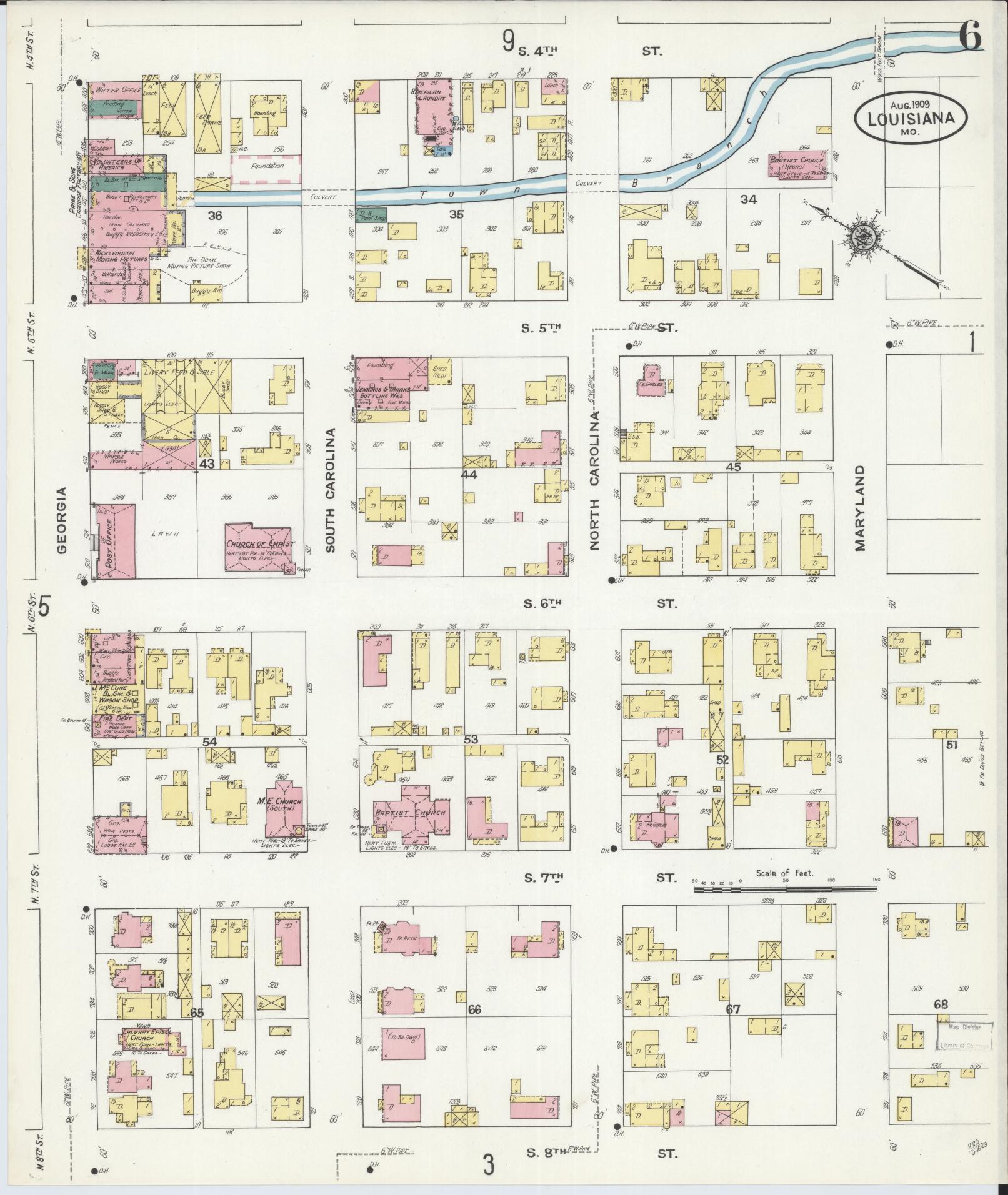 Sanborn Fire Insurance Map from Louisiana, Pike County, Missouri (1909), Sheet #0006 - Historic Sanborn Fire Insurance Map Print, vintage old map wall art, antique decor, genealogy gift, Missouri Missouri map
