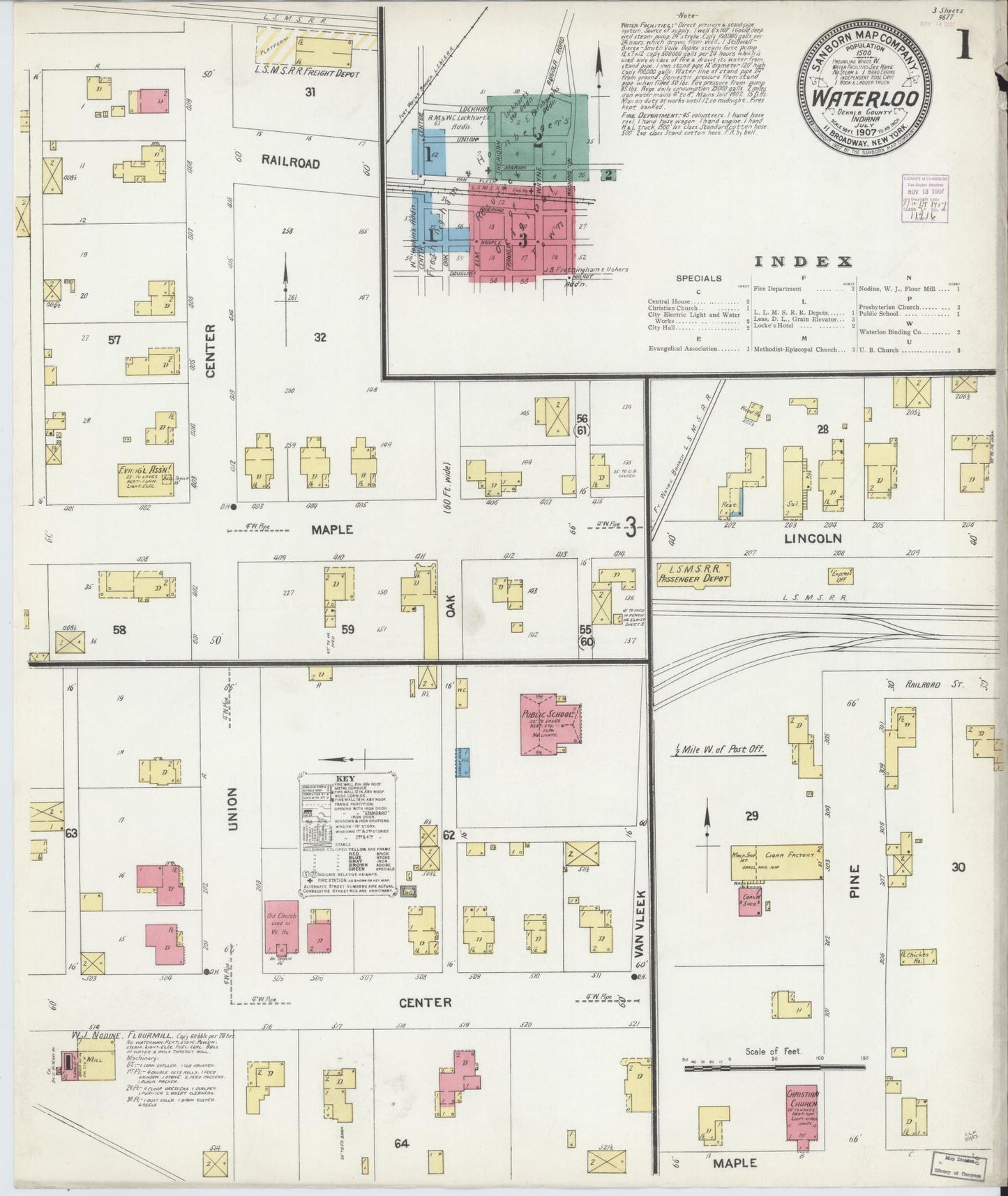 Sanborn Fire Insurance Map from Waterloo, De Kalb County, Indiana (1907), Sheet #0001 - Complete Map Set gallery image, historic Sanborn map, vintage wall art, Indiana Indiana