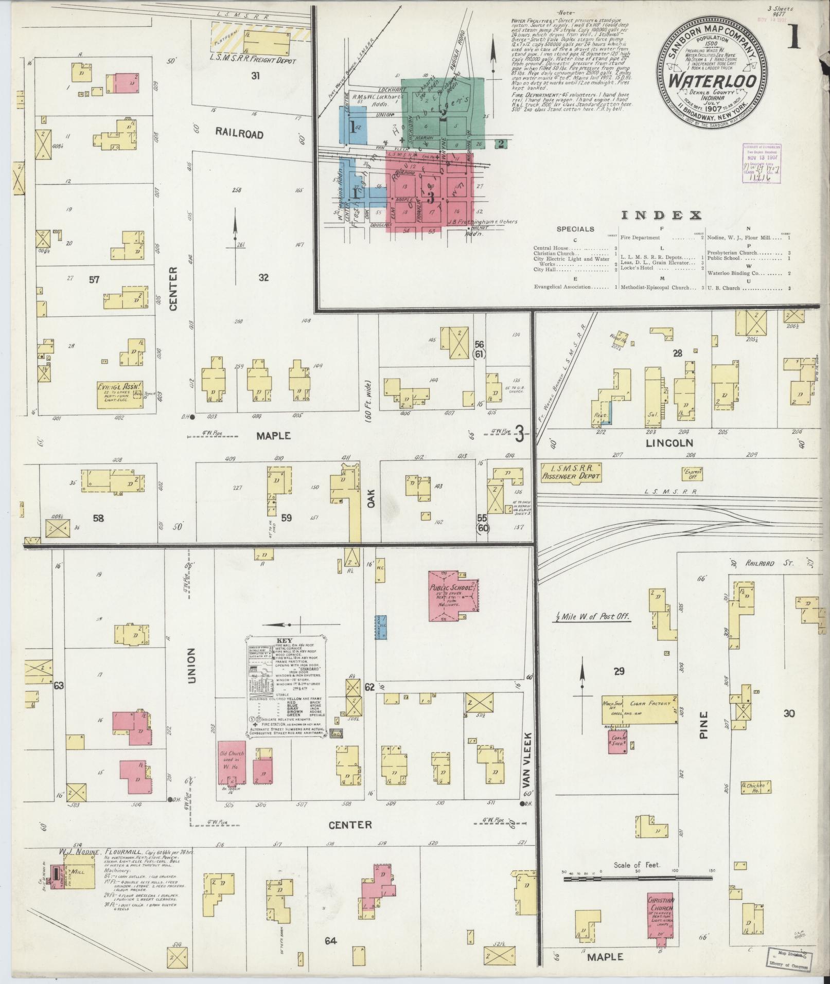 Sanborn Fire Insurance Map from Waterloo, De Kalb County, Indiana (1907), Sheet #0001 - Complete Map Set gallery image, historic Sanborn map, vintage wall art, Indiana Indiana