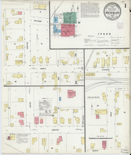 Sanborn Fire Insurance Map from Waterloo, De Kalb County, Indiana (1907), Sheet #0001 - Complete Map Set gallery image, historic Sanborn map, vintage wall art, Indiana Indiana