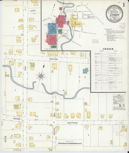 Sanborn Fire Insurance Map from Corbin, Knox and Whitley Counties, Kentucky (1908), Sheet #0001 - Complete Map Set gallery image, historic Sanborn map, vintage wall art, Kentucky Kentucky