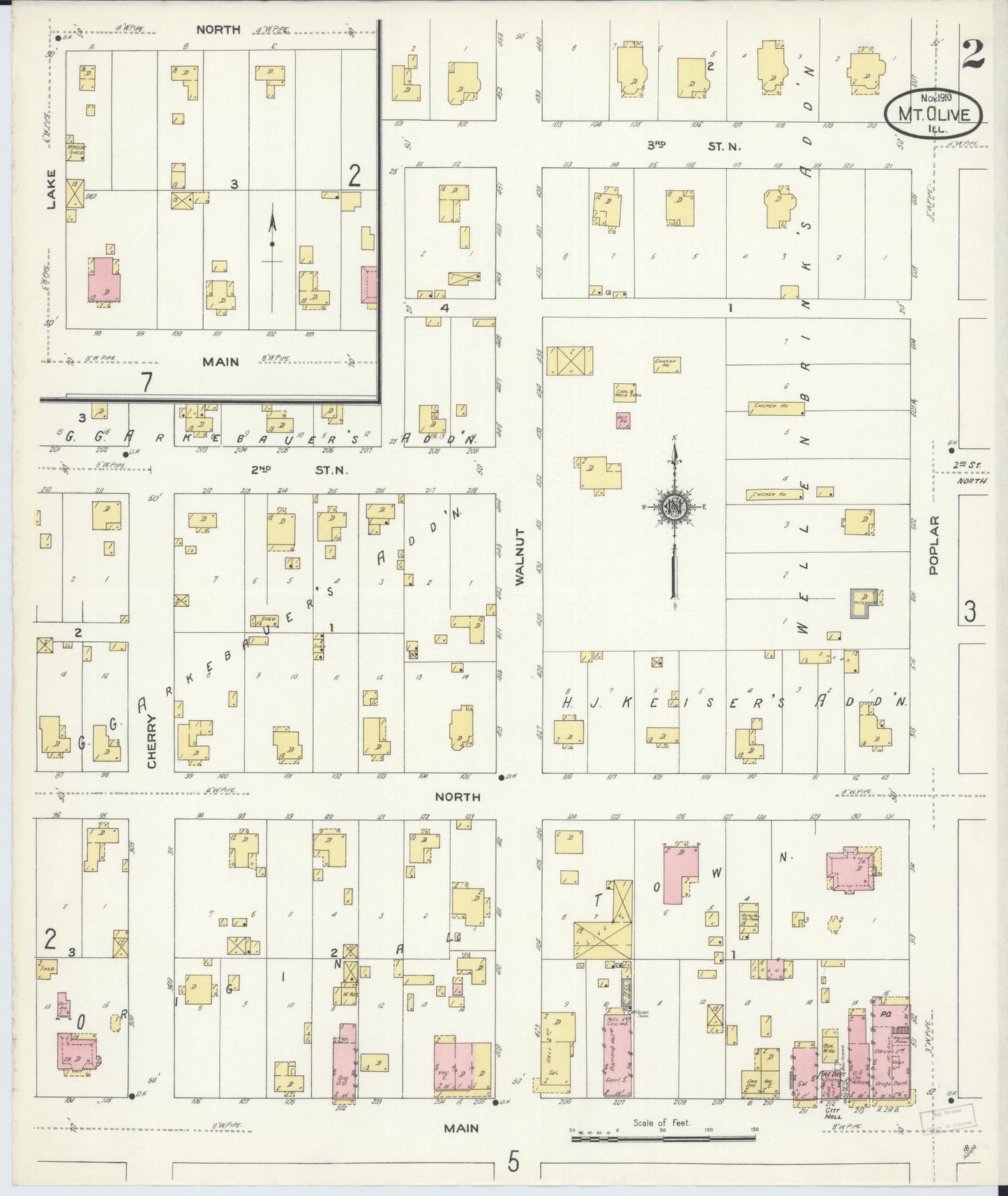 Sanborn Fire Insurance Map from Mount Olive, Macoupin County, Illinois (1910), Sheet #0002 - Complete Map Set gallery image, historic Sanborn map, vintage wall art, Illinois Illinois