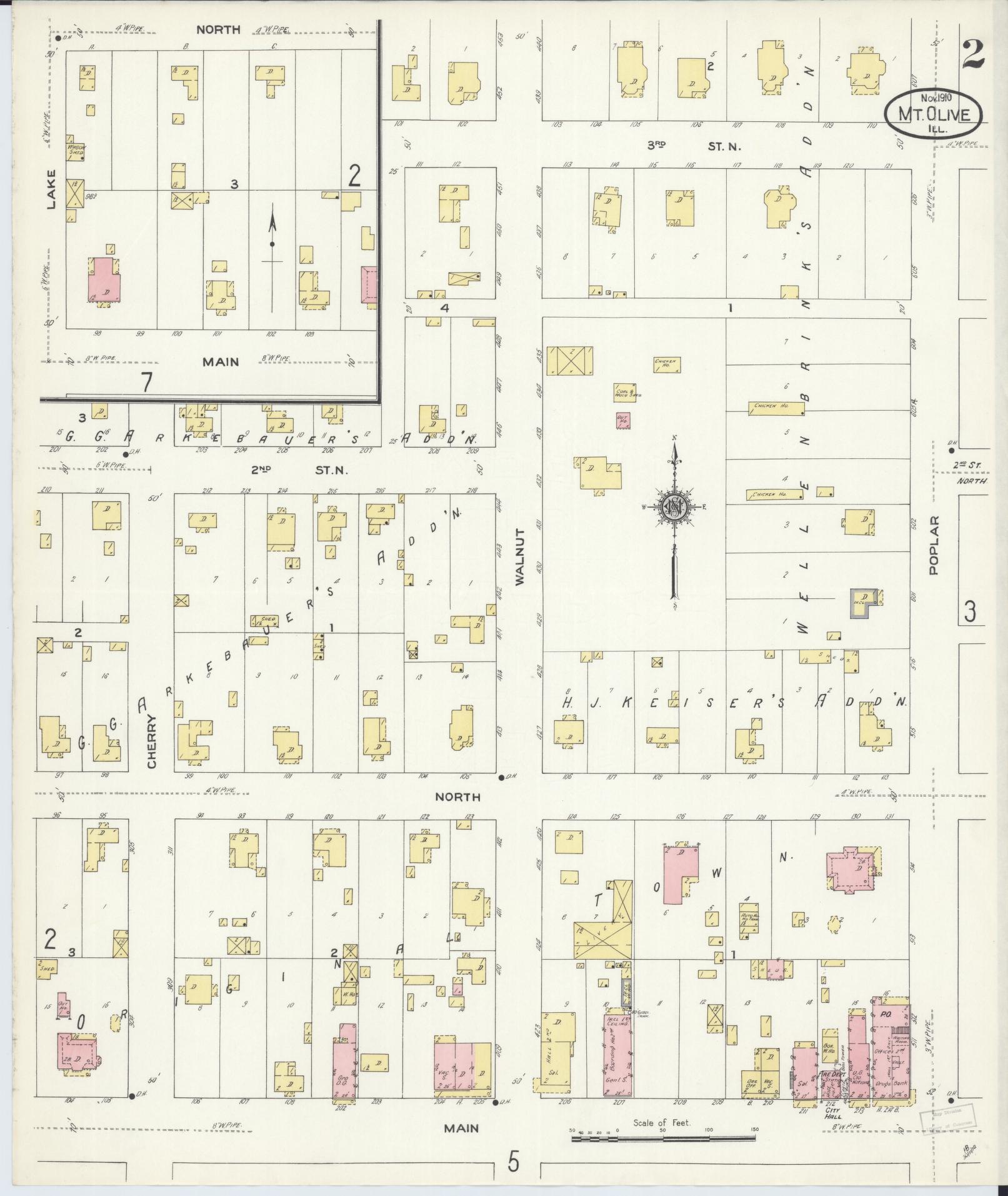 Sanborn Fire Insurance Map from Mount Olive, Macoupin County, Illinois (1910), Sheet #0002 - Complete Map Set gallery image, historic Sanborn map, vintage wall art, Illinois Illinois
