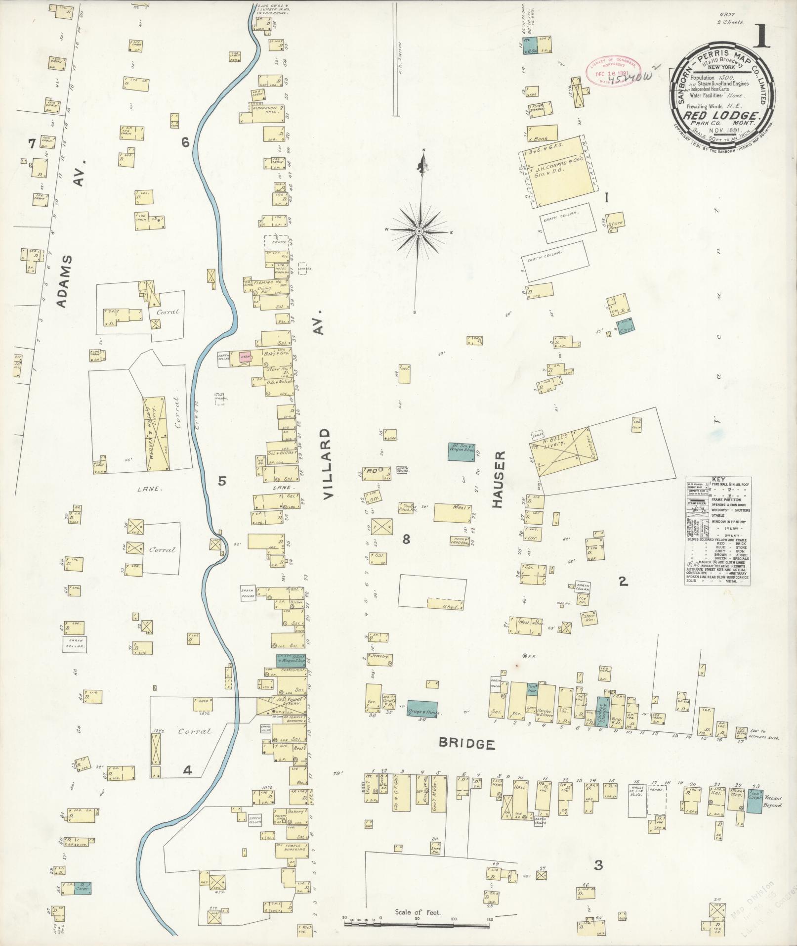 Sanborn Fire Insurance Map from Red Lodge, Carbon County, Montana (1891), Sheet #0001 - Complete Map Set gallery image, historic Sanborn map, vintage wall art, Montana Montana