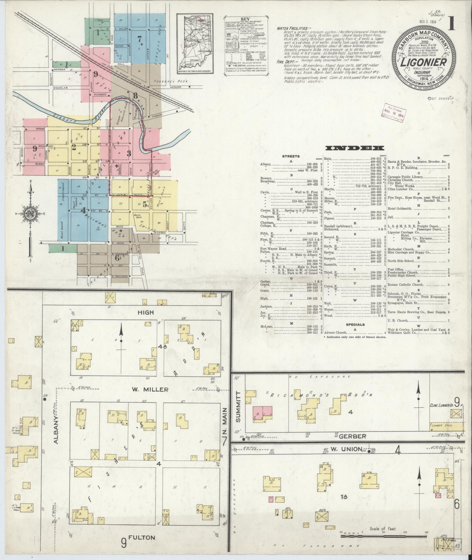 Sanborn Fire Insurance Map from Ligonier, Noble County, Indiana (1914), Sheet #0001 - Complete Map Set gallery image, historic Sanborn map, vintage wall art, Indiana Indiana