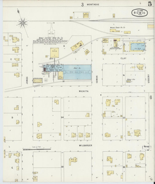 Sanborn Fire Insurance Map from Bowie, Montague County, Texas (1896), Sheet #0005 - Historic Sanborn Fire Insurance Map Print, vintage old map wall art, antique decor, genealogy gift, Texas Texas map