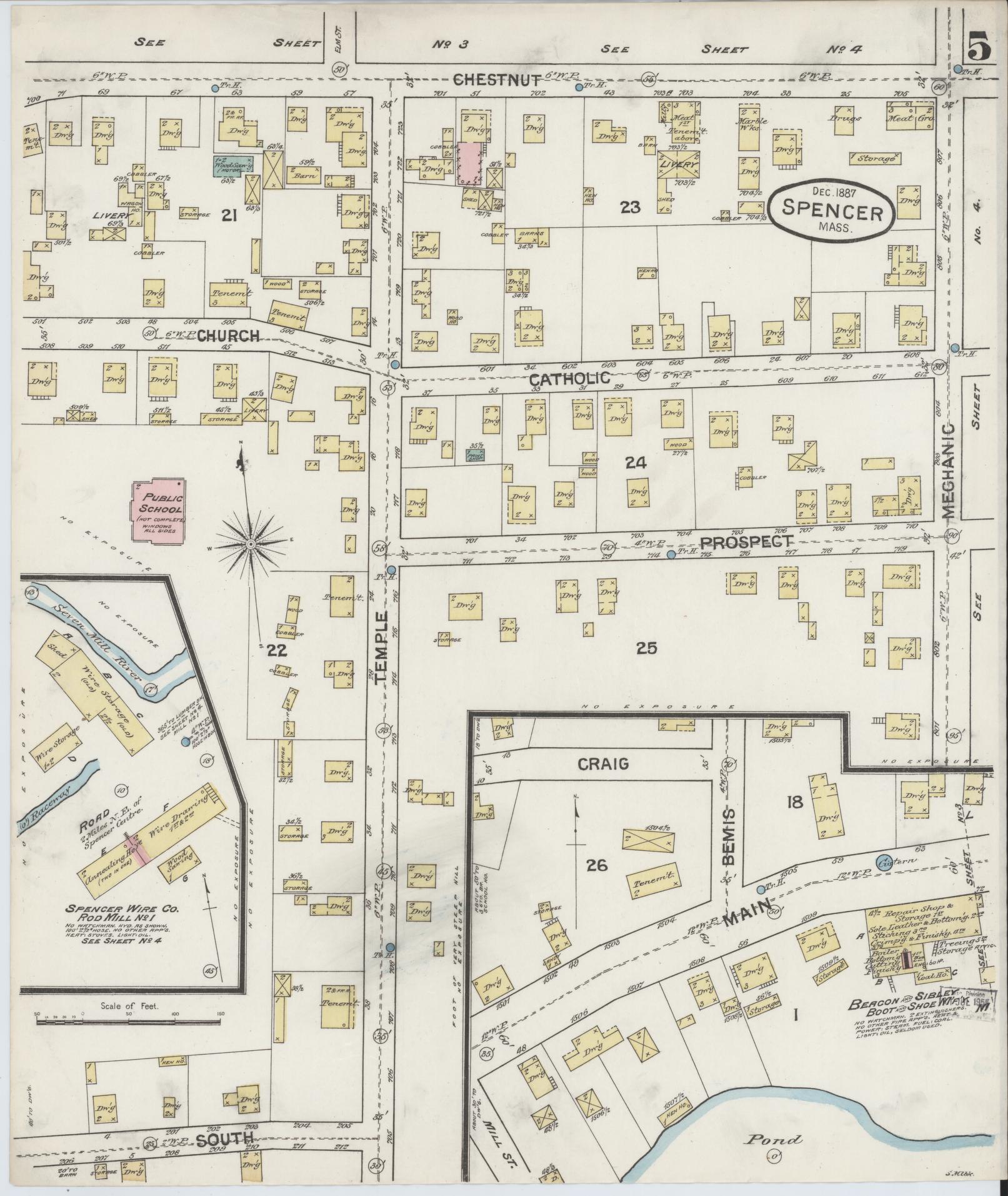 Sanborn Fire Insurance Map from Spencer, Worcester County, Massachusetts (1887), Sheet #0005 - Complete Map Set gallery image, historic Sanborn map, vintage wall art, Massachusetts Massachusetts