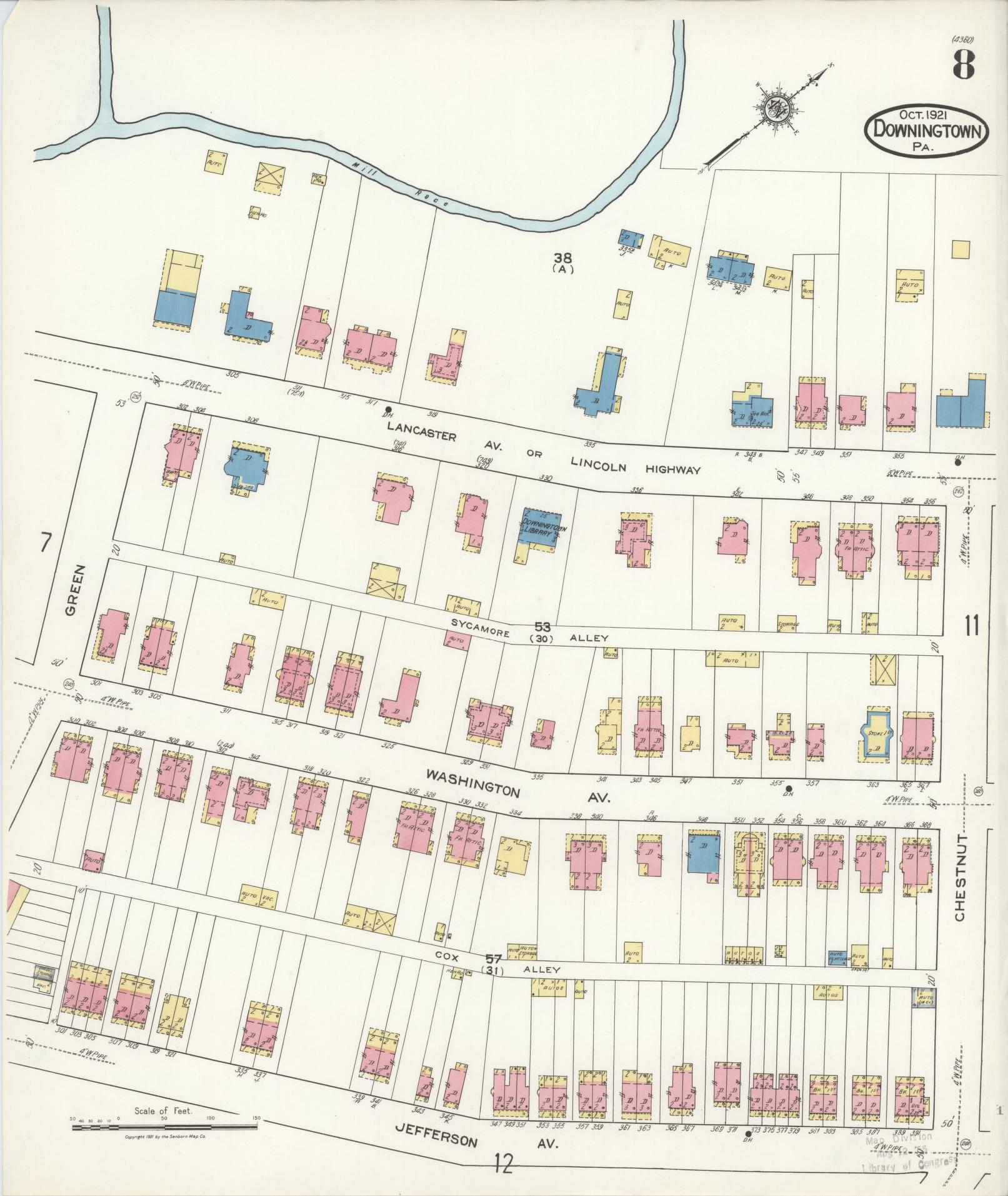 Sanborn Fire Insurance Map from Downingtown, Chester County, Pennsylvania (1921), Sheet #0008 - Historic Sanborn Fire Insurance Map Print, vintage old map wall art, antique decor, genealogy gift, Pennsylvania Pennsylvania map
