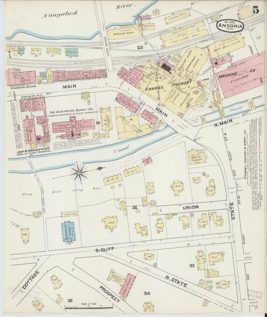 Sanborn Fire Insurance Map from Ansonia, New Haven County, Connecticut (1890), Sheet #0005 - Historic Sanborn Fire Insurance Map Print, vintage old map wall art, antique decor, genealogy gift, Connecticut Connecticut map