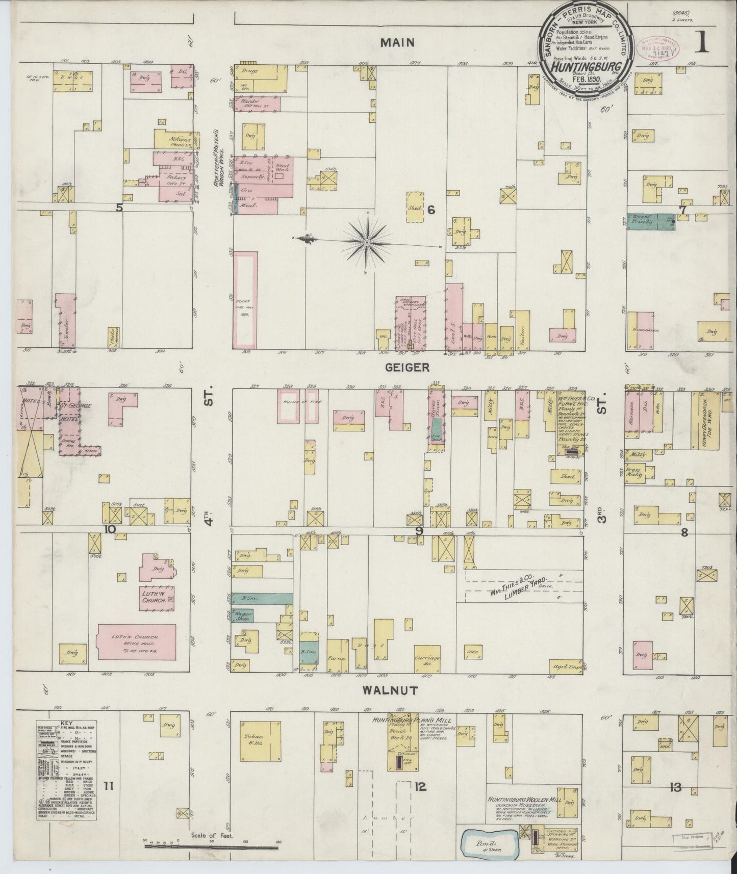 Sanborn Fire Insurance Map from Huntingburg, Dubois County, Indiana (1890), Sheet #0001 - Complete Map Set gallery image, historic Sanborn map, vintage wall art, Indiana Indiana