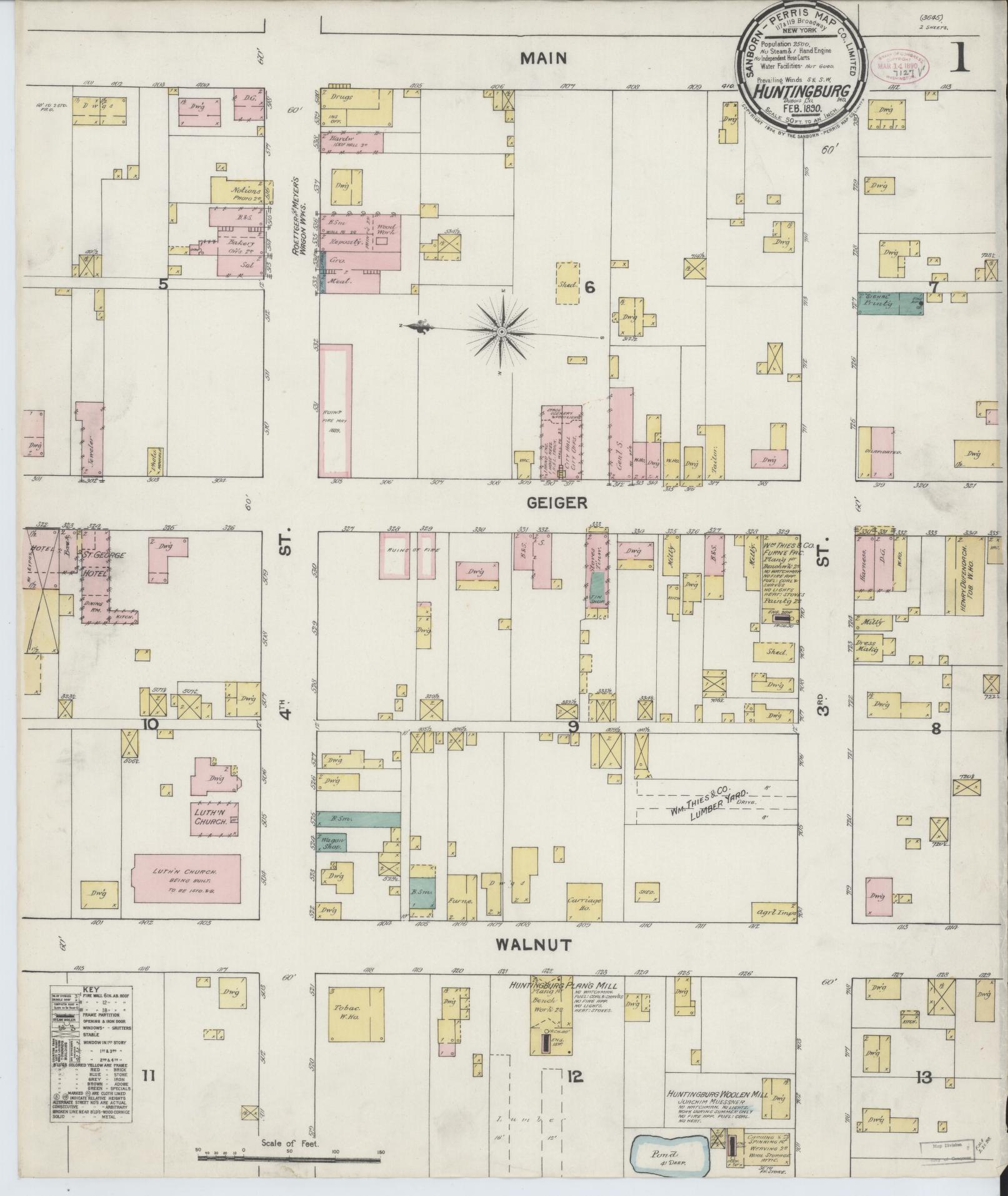 Sanborn Fire Insurance Map from Huntingburg, Dubois County, Indiana (1890), Sheet #0001 - Complete Map Set gallery image, historic Sanborn map, vintage wall art, Indiana Indiana