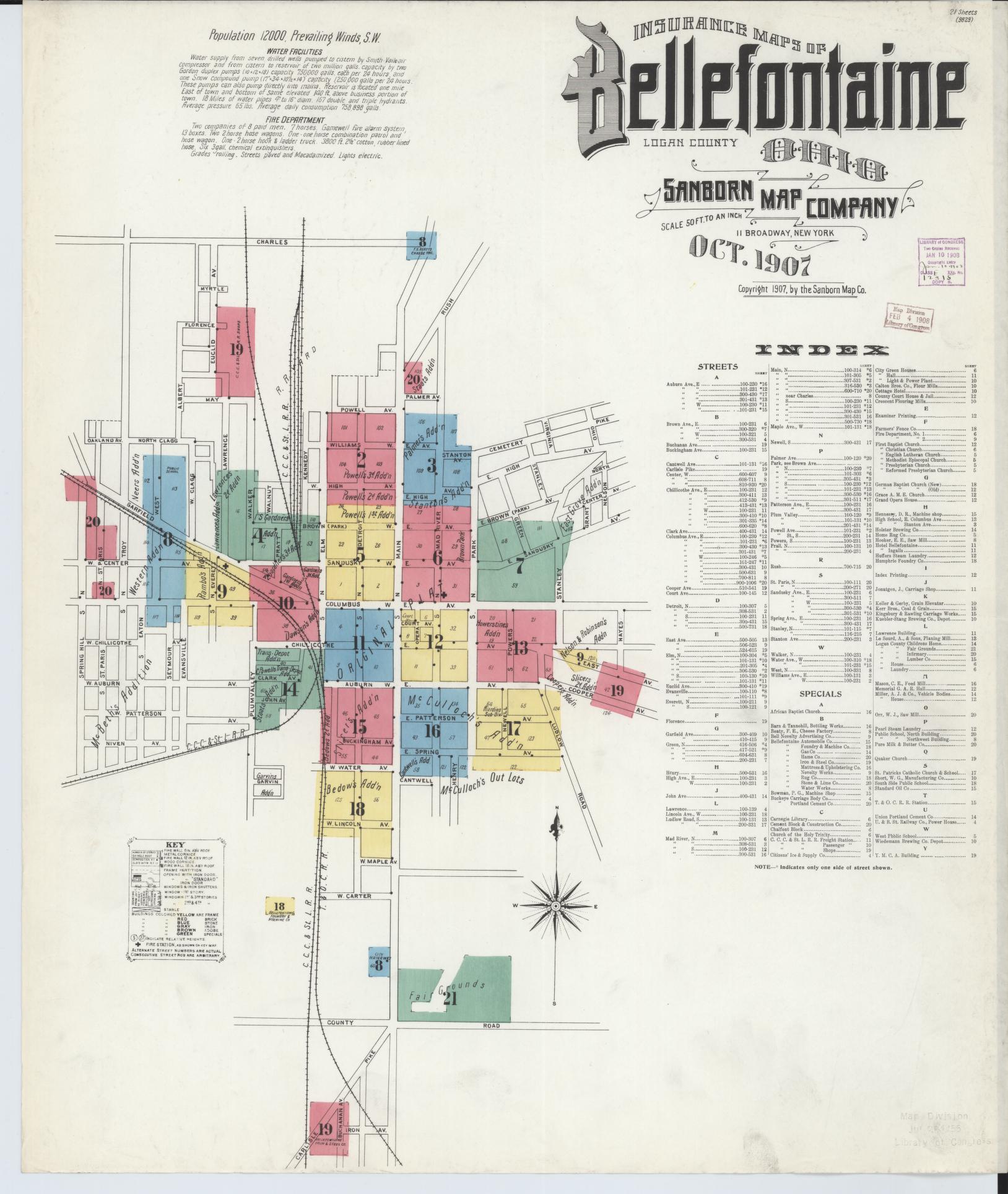 Sanborn Fire Insurance Map from Bellefontaine, Logan County, Ohio (1907), Sheet #0001 - Historic Sanborn Fire Insurance Map Print, vintage old map wall art, antique decor, genealogy gift, Ohio Ohio map