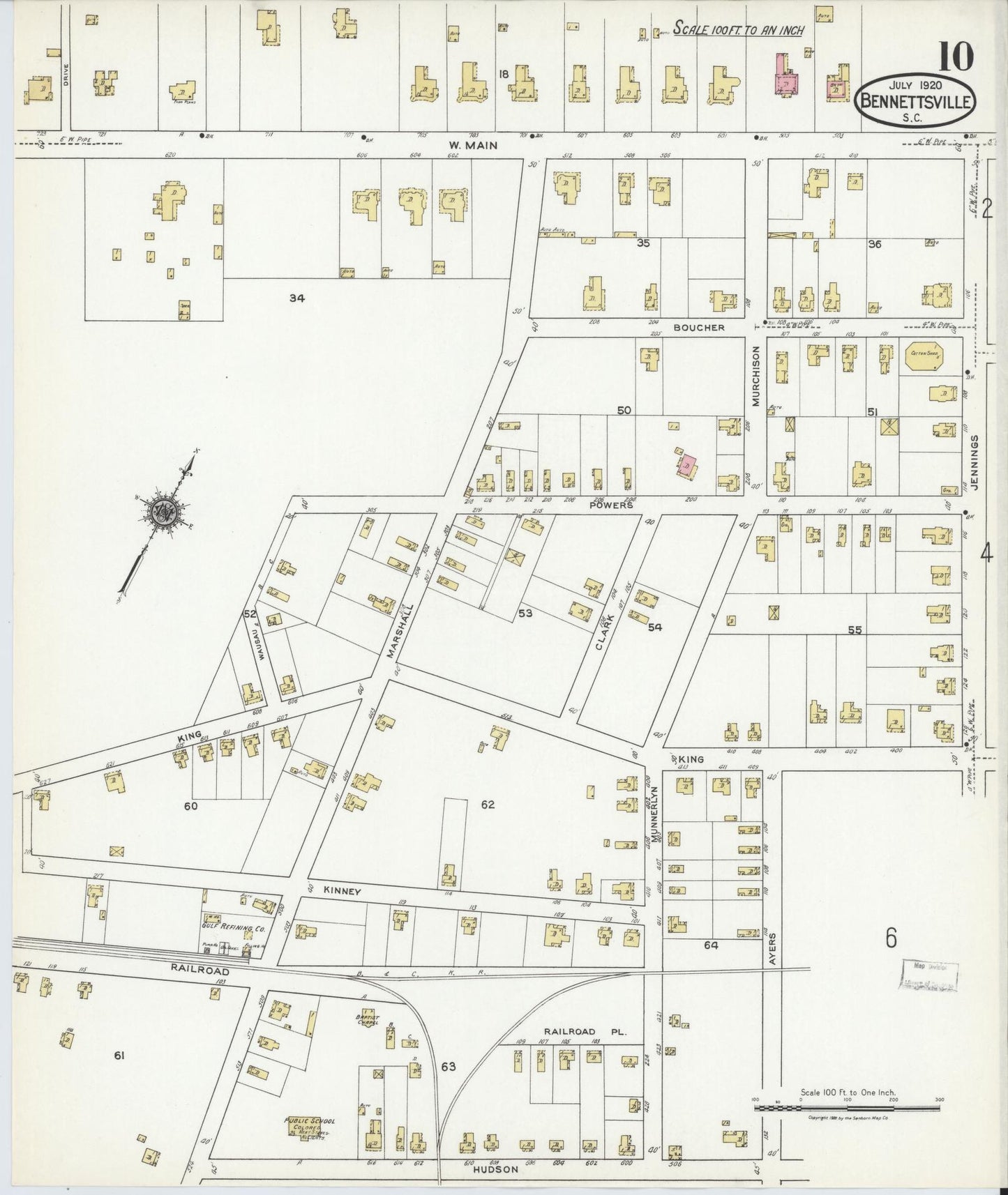 Sanborn Fire Insurance Map from Bennettsville, Marlboro County, South Carolina (1920), Sheet #0010 - Complete Map Set gallery image, historic Sanborn map, vintage wall art, South Carolina South Carolina