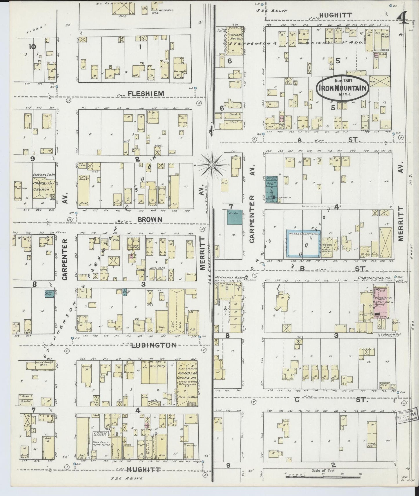 Sanborn Fire Insurance Map from Iron Mountain, Dickinson County, Michigan (1891), Sheet #0004 - Complete Map Set gallery image, historic Sanborn map, vintage wall art, Michigan Michigan