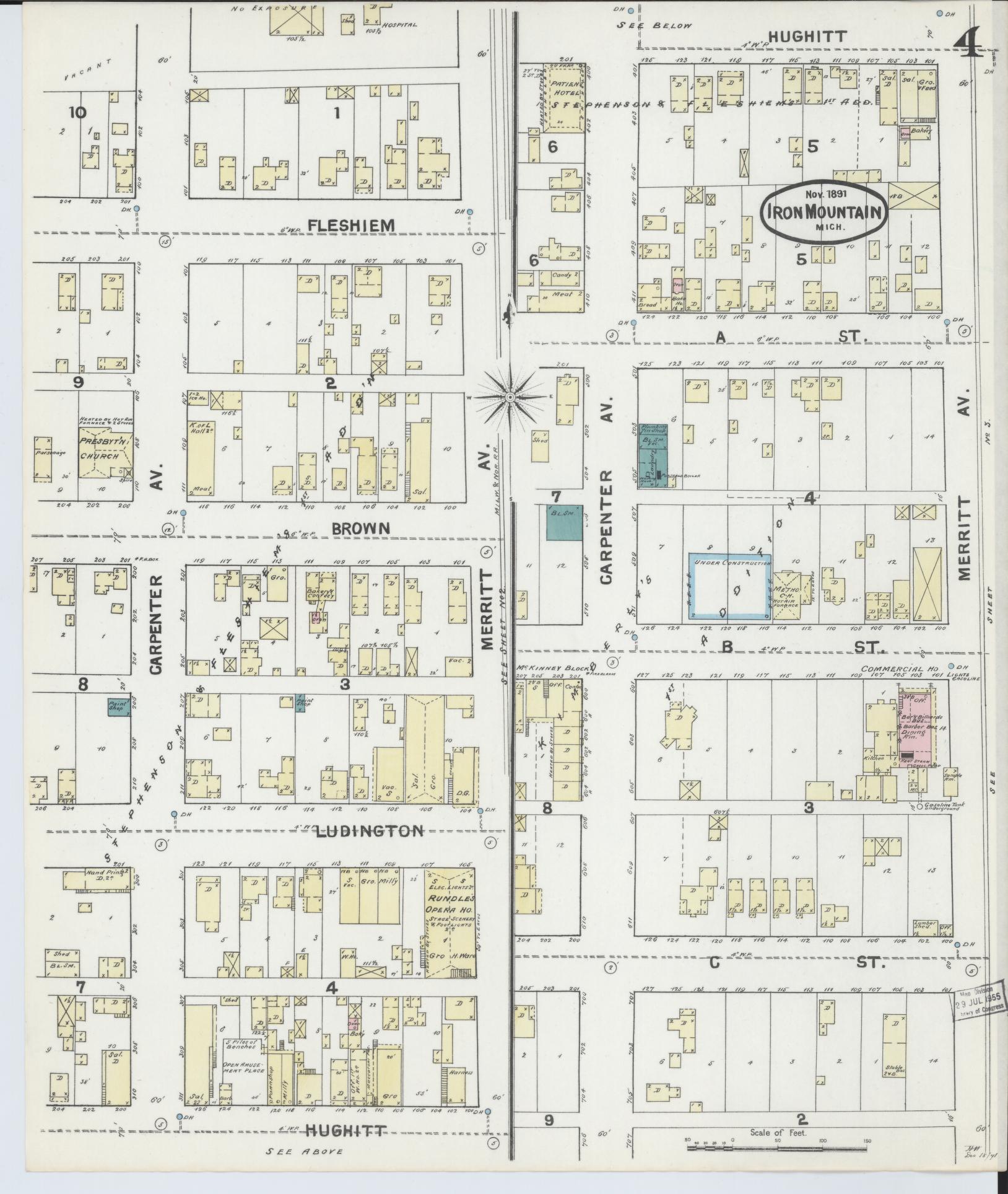 Sanborn Fire Insurance Map from Iron Mountain, Dickinson County, Michigan (1891), Sheet #0004 - Complete Map Set gallery image, historic Sanborn map, vintage wall art, Michigan Michigan