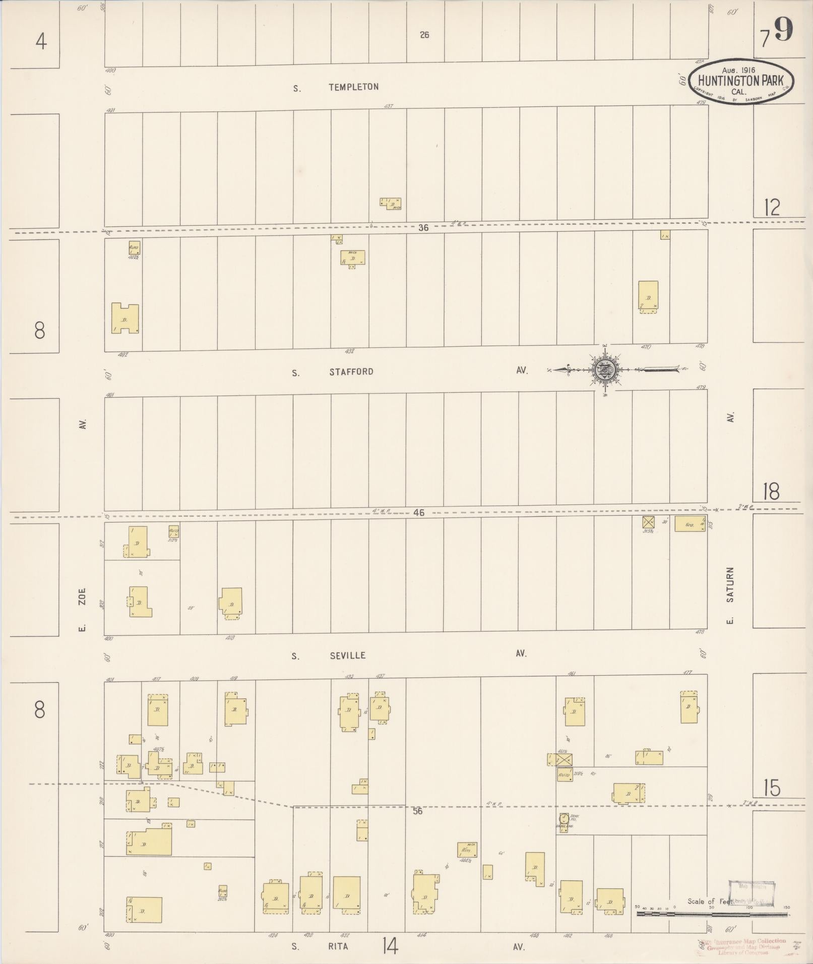 Sanborn Fire Insurance Map from Huntington Park, Los Angeles County, California (1916), Sheet #0009 - Historic Sanborn Fire Insurance Map Print, vintage old map wall art, antique decor, genealogy gift, California California map