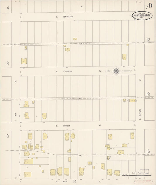Sanborn Fire Insurance Map from Huntington Park, Los Angeles County, California (1916), Sheet #0009 - Historic Sanborn Fire Insurance Map Print, vintage old map wall art, antique decor, genealogy gift, California California map