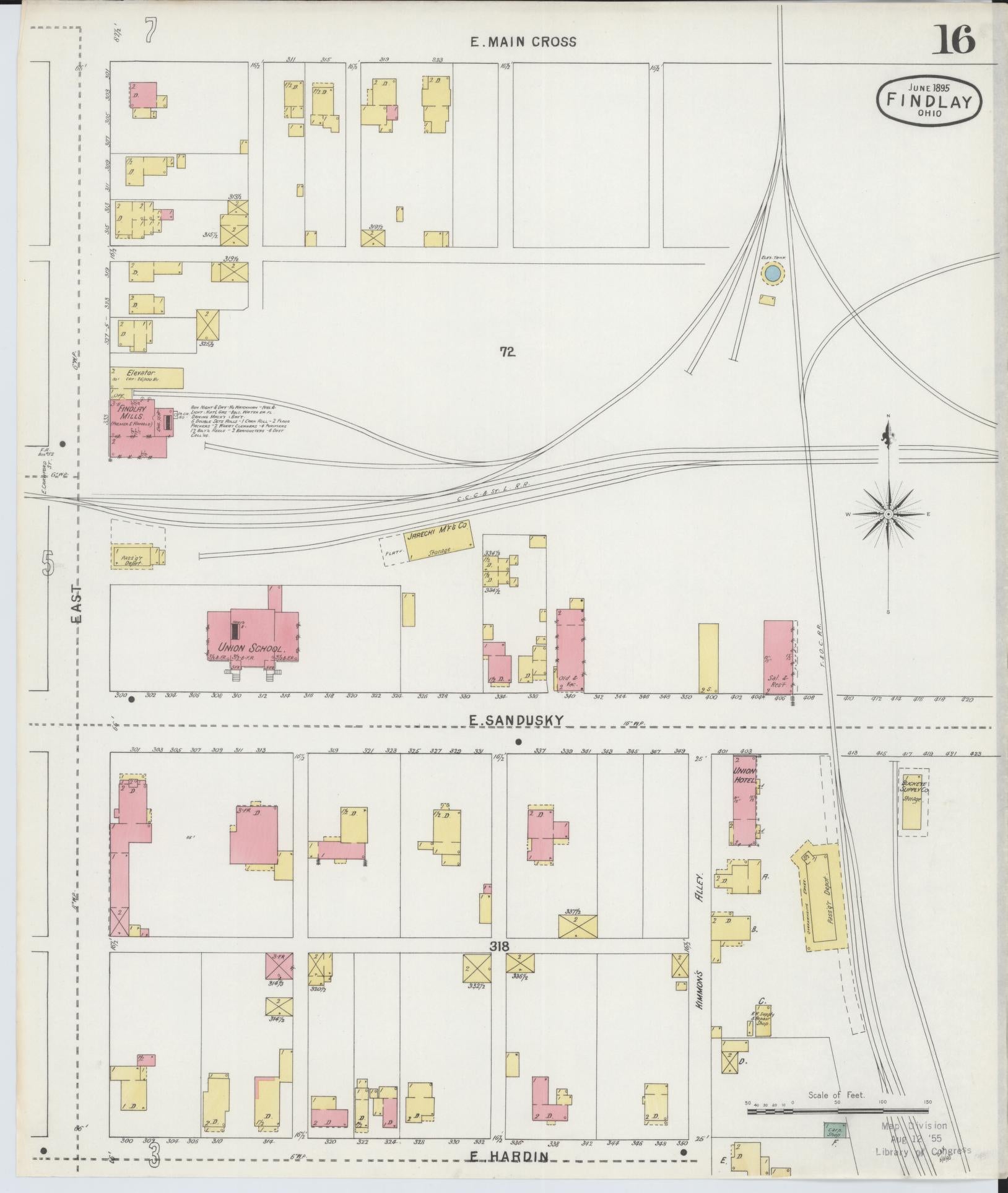 Sanborn Fire Insurance Map from Findlay, Hancock County, Ohio (1895), Sheet #0016 - Historic Sanborn Fire Insurance Map Print, vintage old map wall art, antique decor, genealogy gift, Ohio Ohio map