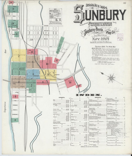 Sanborn Fire Insurance Map from Sunbury, Northumberland County, Pennsylvania (1901), Sheet #0001 - Historic Sanborn Fire Insurance Map Print, vintage old map wall art, antique decor, genealogy gift, Pennsylvania Pennsylvania map