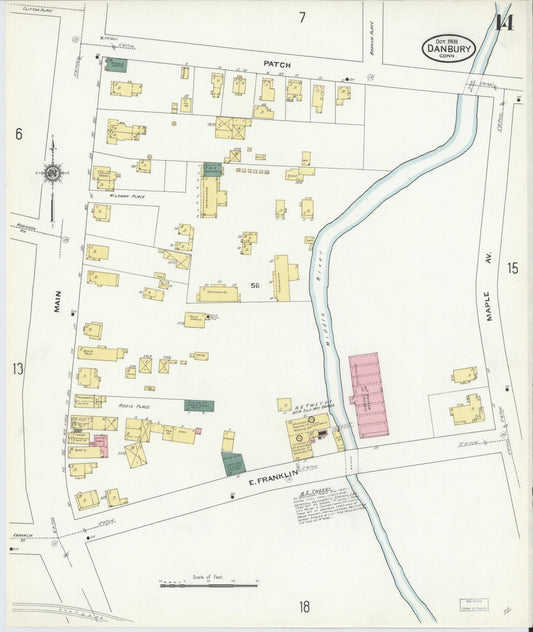 Sanborn Fire Insurance Map from Danbury, Fairfield County, Connecticut (1909), Sheet #0014 - Historic Sanborn Fire Insurance Map Print, vintage old map wall art, antique decor, genealogy gift, Connecticut Connecticut map
