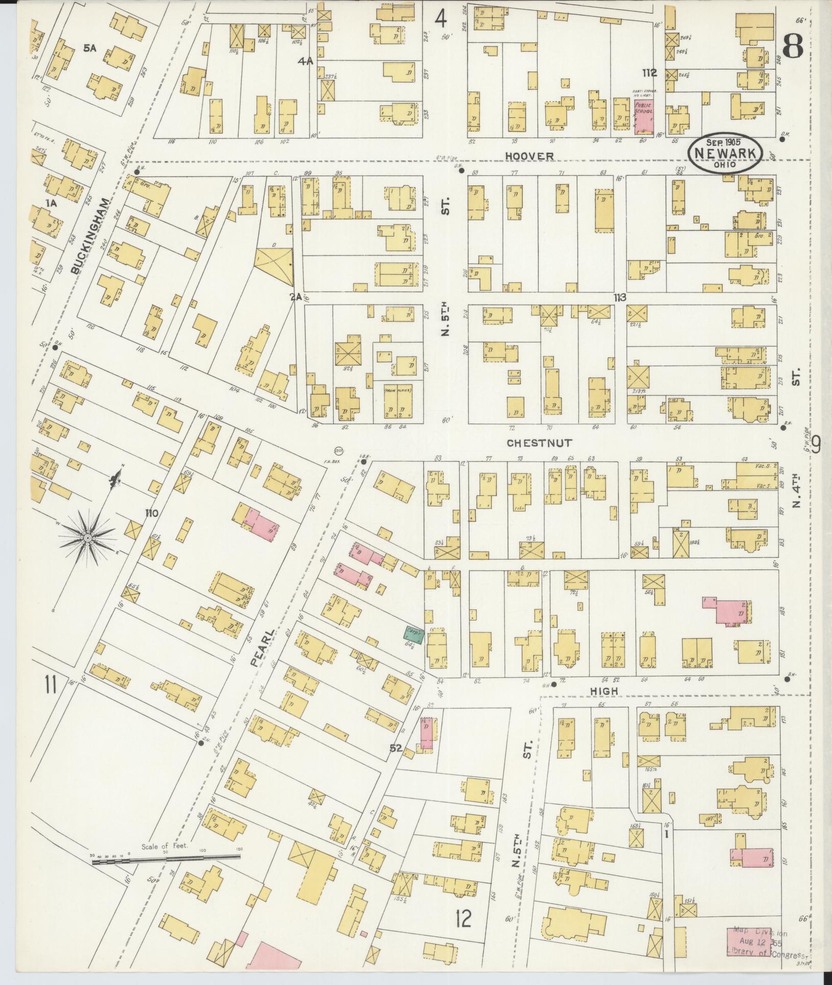 Sanborn Fire Insurance Map from Newark, Licking County, Ohio (1905), Sheet #0008 - Historic Sanborn Fire Insurance Map Print, vintage old map wall art, antique decor, genealogy gift, Ohio Ohio map