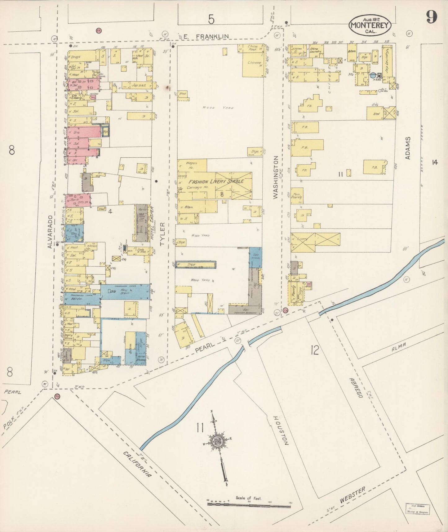 Sanborn Fire Insurance Map from Monterey, Monterey County, California (1912), Sheet #0009 - Historic Sanborn Fire Insurance Map Print, vintage old map wall art, antique decor, genealogy gift, California California map