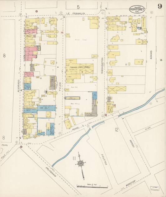 Sanborn Fire Insurance Map from Monterey, Monterey County, California (1912), Sheet #0009 - Historic Sanborn Fire Insurance Map Print, vintage old map wall art, antique decor, genealogy gift, California California map