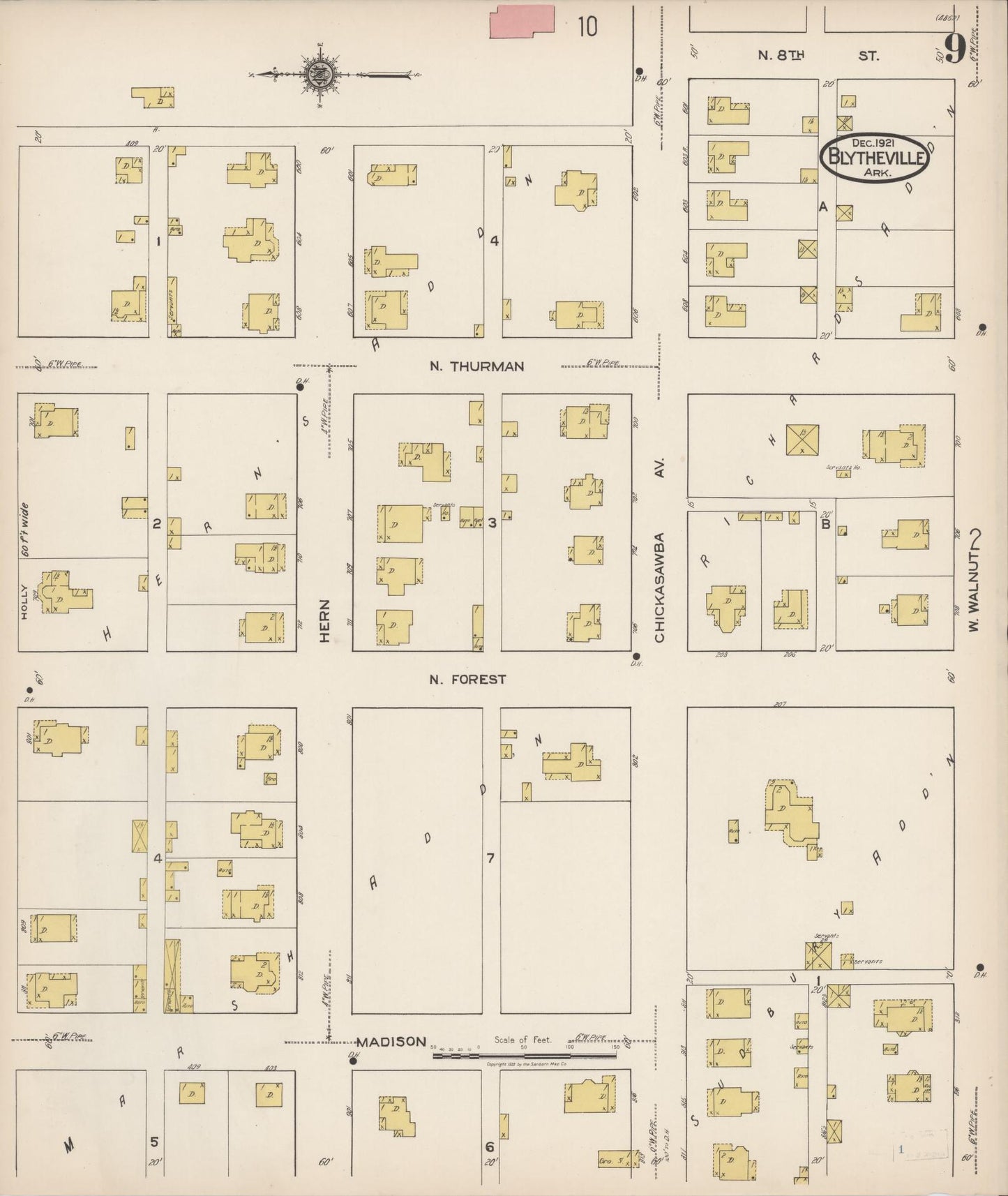 Sanborn Fire Insurance Map from Blytheville, Mississippi County, Arkansas (1921), Sheet #0009 - Historic Sanborn Fire Insurance Map Print, vintage old map wall art, antique decor, genealogy gift, Arkansas Arkansas map