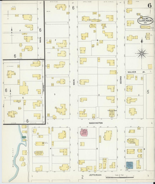 Sanborn Fire Insurance Map from Clarendon, Monroe County, Arkansas (1907), Sheet #0006 - Historic Sanborn Fire Insurance Map Print, vintage old map wall art, antique decor, genealogy gift, Arkansas Arkansas map