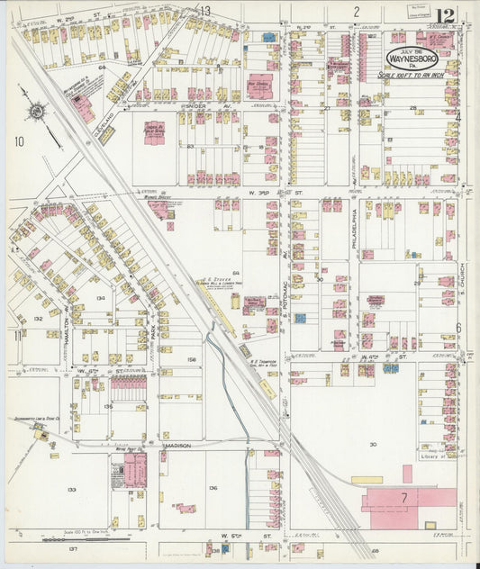 Sanborn Fire Insurance Map from Waynesboro, Franklin County, Pennsylvania (1916), Sheet #0012 - Historic Sanborn Fire Insurance Map Print, vintage old map wall art, antique decor, genealogy gift, Pennsylvania Pennsylvania map