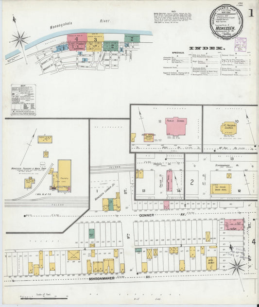 Sanborn Fire Insurance Map from Monessen, Westmoreland County, Pennsylvania (1901), Sheet #0001 - Historic Sanborn Fire Insurance Map Print, vintage old map wall art, antique decor, genealogy gift, Pennsylvania Pennsylvania map