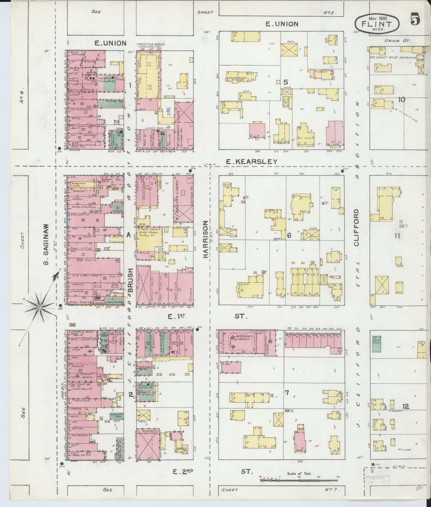 Sanborn Fire Insurance Map from Flint, Genesee County, Michigan (1892), Sheet #0005 - Historic Sanborn Fire Insurance Map Print, vintage old map wall art, antique decor, genealogy gift, Michigan Michigan map
