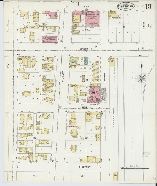 Sanborn Fire Insurance Map from Port Huron, Saint Clair County, Michigan (1898), Sheet #0013 - Historic Sanborn Fire Insurance Map Print, vintage old map wall art, antique decor, genealogy gift, Michigan Michigan map