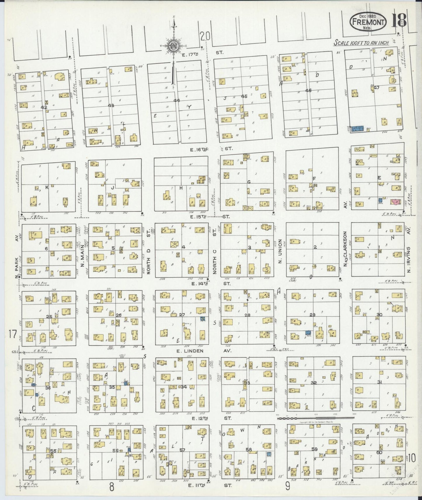 Sanborn Fire Insurance Map from Fremont, Dodge County, Nebraska (1920), Sheet #0018 - Historic Sanborn Fire Insurance Map Print, vintage old map wall art, antique decor, genealogy gift, Nebraska Nebraska map