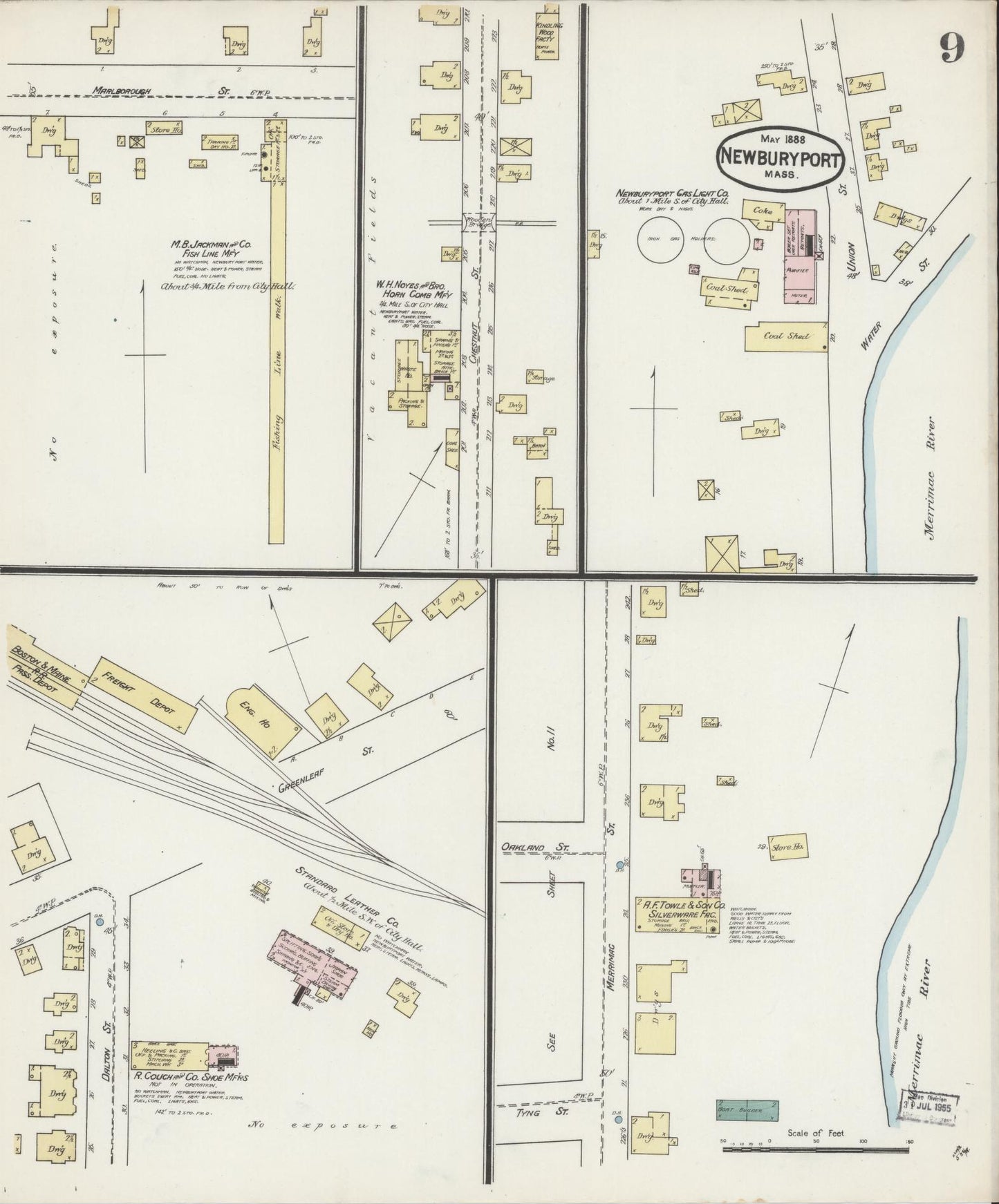 Sanborn Fire Insurance Map from Newburyport, Essex County, Massachusetts (1888), Sheet #0009 - Historic Sanborn Fire Insurance Map Print, vintage old map wall art, antique decor, genealogy gift, Massachusetts Massachusetts map