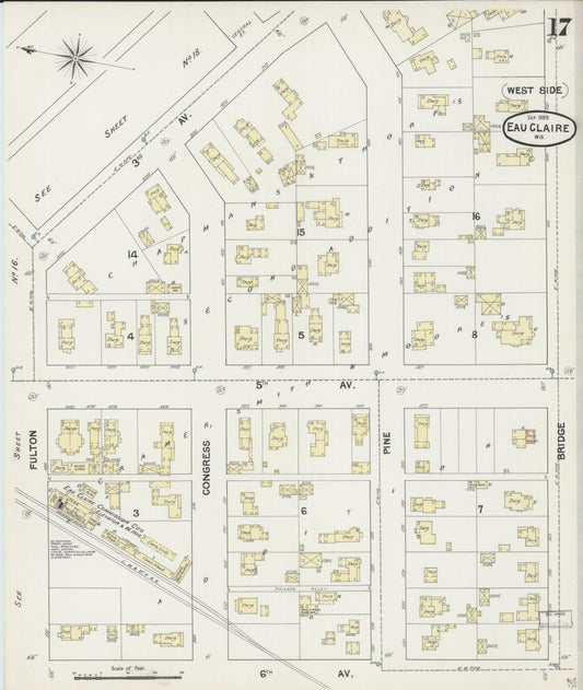 Sanborn Fire Insurance Map from Eau Claire, Eau Claire County, Wisconsin (1889), Sheet #0017 - Historic Sanborn Fire Insurance Map Print, vintage old map wall art, antique decor, genealogy gift, Wisconsin Wisconsin map
