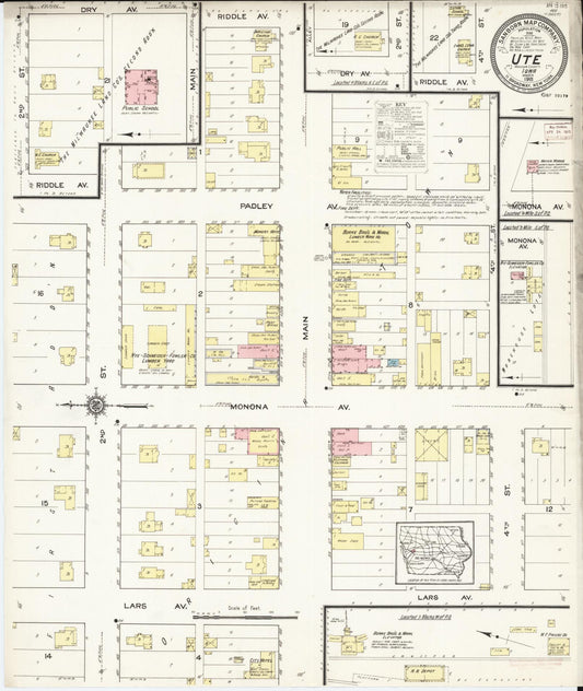 Sanborn Fire Insurance Map from Ute, Monona County, Iowa (1915), Sheet #0001 - Historic Sanborn Fire Insurance Map Print, vintage old map wall art