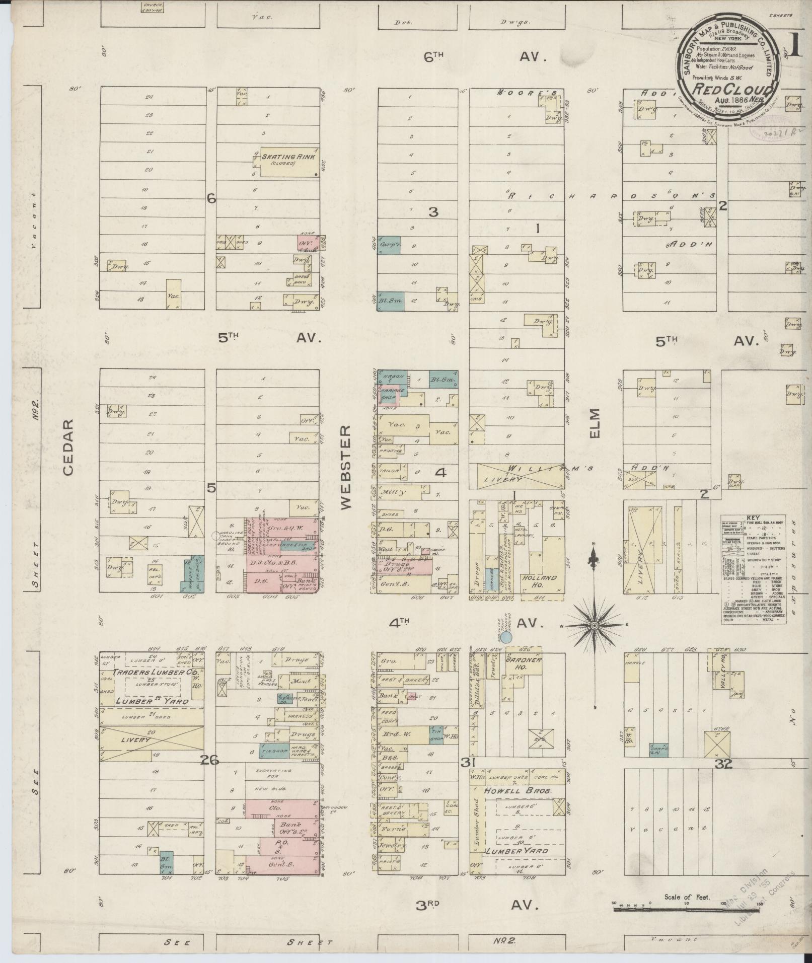 Sanborn Fire Insurance Map from Red Cloud, Webster County, Nebraska (1886), Sheet #0001 - Complete Map Set gallery image, historic Sanborn map, vintage wall art, Nebraska Nebraska