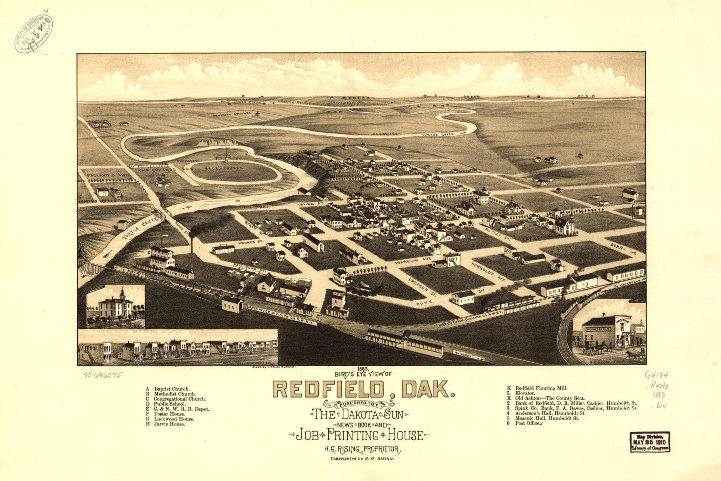 1883 bird's eye view of Redfield, Dak. (1883) – Historic Bird’s-Eye View Panorama Print