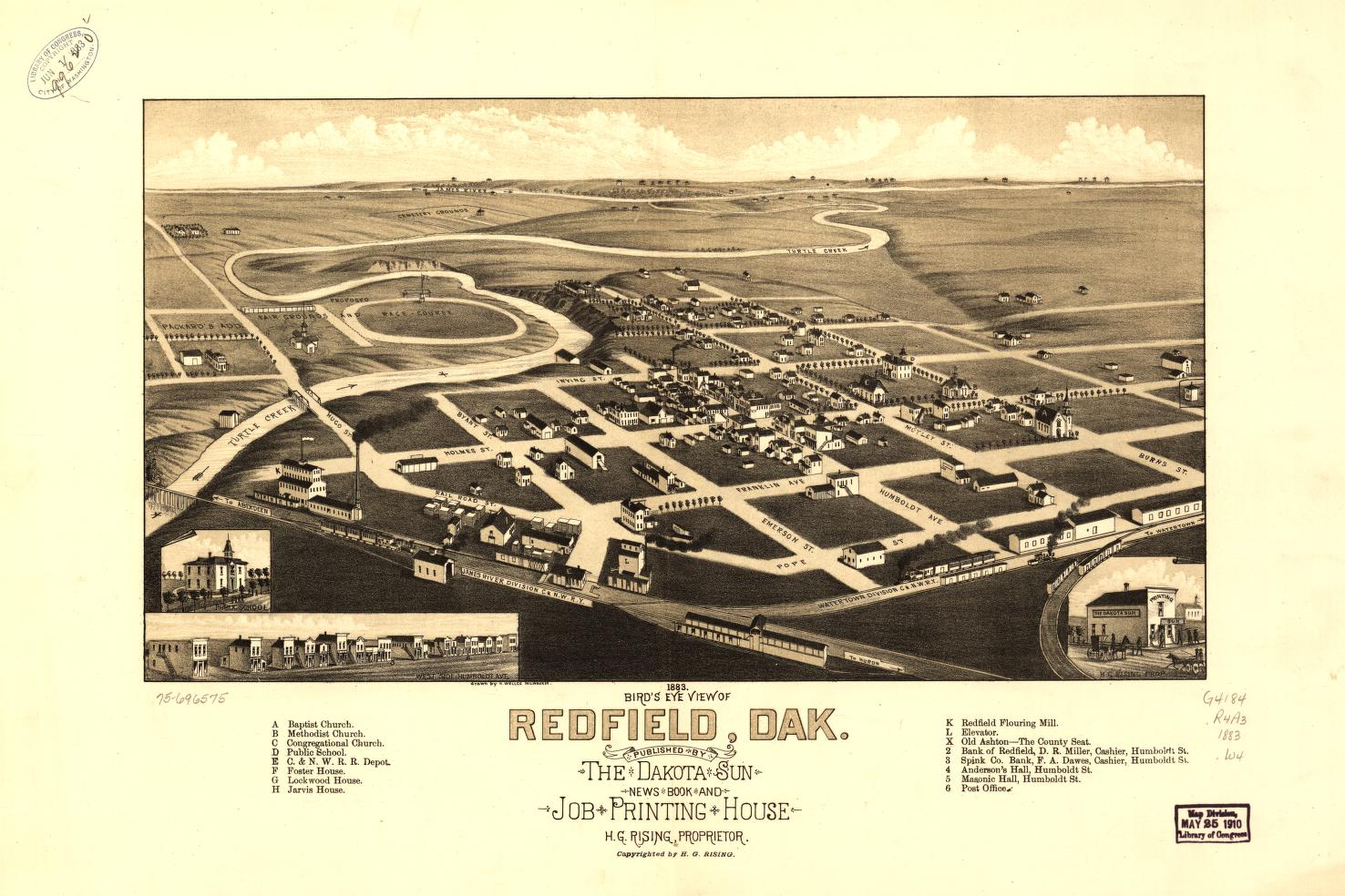 1883 bird's eye view of Redfield, Dak. (1883) – Historic Bird’s-Eye View Panorama Print
