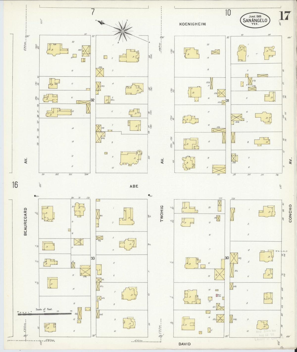 Sanborn Fire Insurance Map from San Angelo, Tom Green County, Texas (1908), Sheet #0017 - Historic Sanborn Fire Insurance Map Print, vintage old map wall art, antique decor, genealogy gift, Texas Texas map