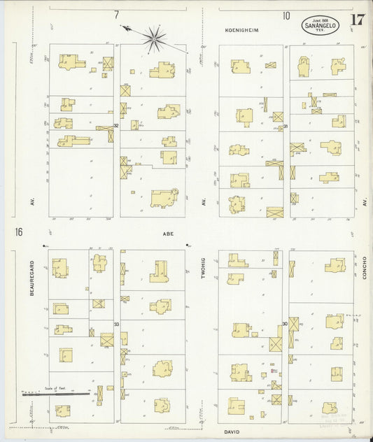 Sanborn Fire Insurance Map from San Angelo, Tom Green County, Texas (1908), Sheet #0017 - Historic Sanborn Fire Insurance Map Print, vintage old map wall art, antique decor, genealogy gift, Texas Texas map